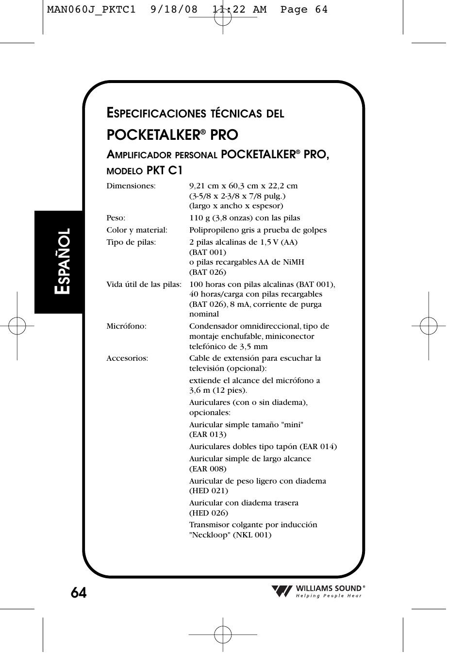 Sp añol, Pocketalker | Williams Sound Personal Amplifier User Manual | Page 64 / 116