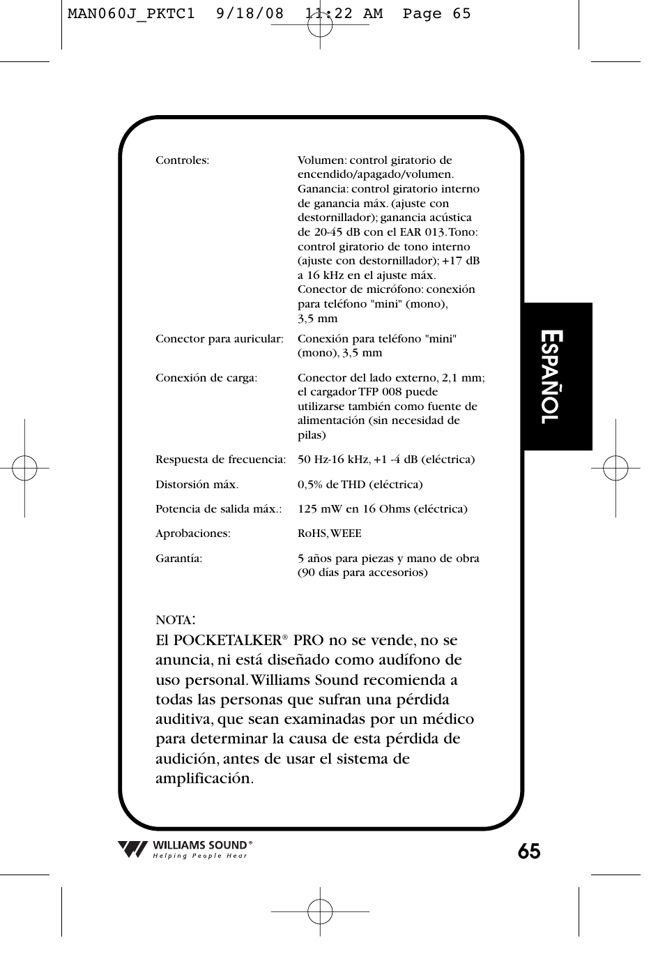 Sp añol | Williams Sound Personal Amplifier User Manual | Page 65 / 116