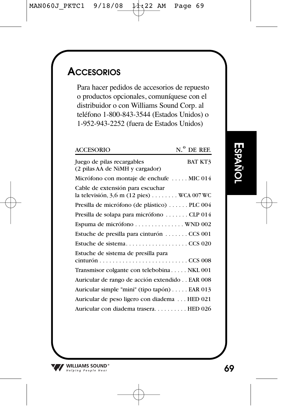 Sp añol | Williams Sound Personal Amplifier User Manual | Page 69 / 116