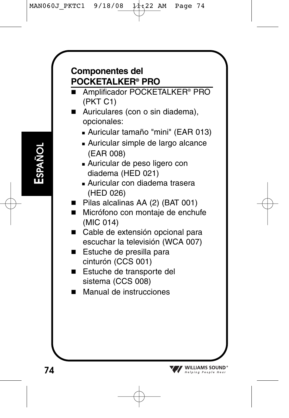 Sp añol | Williams Sound Personal Amplifier User Manual | Page 74 / 116