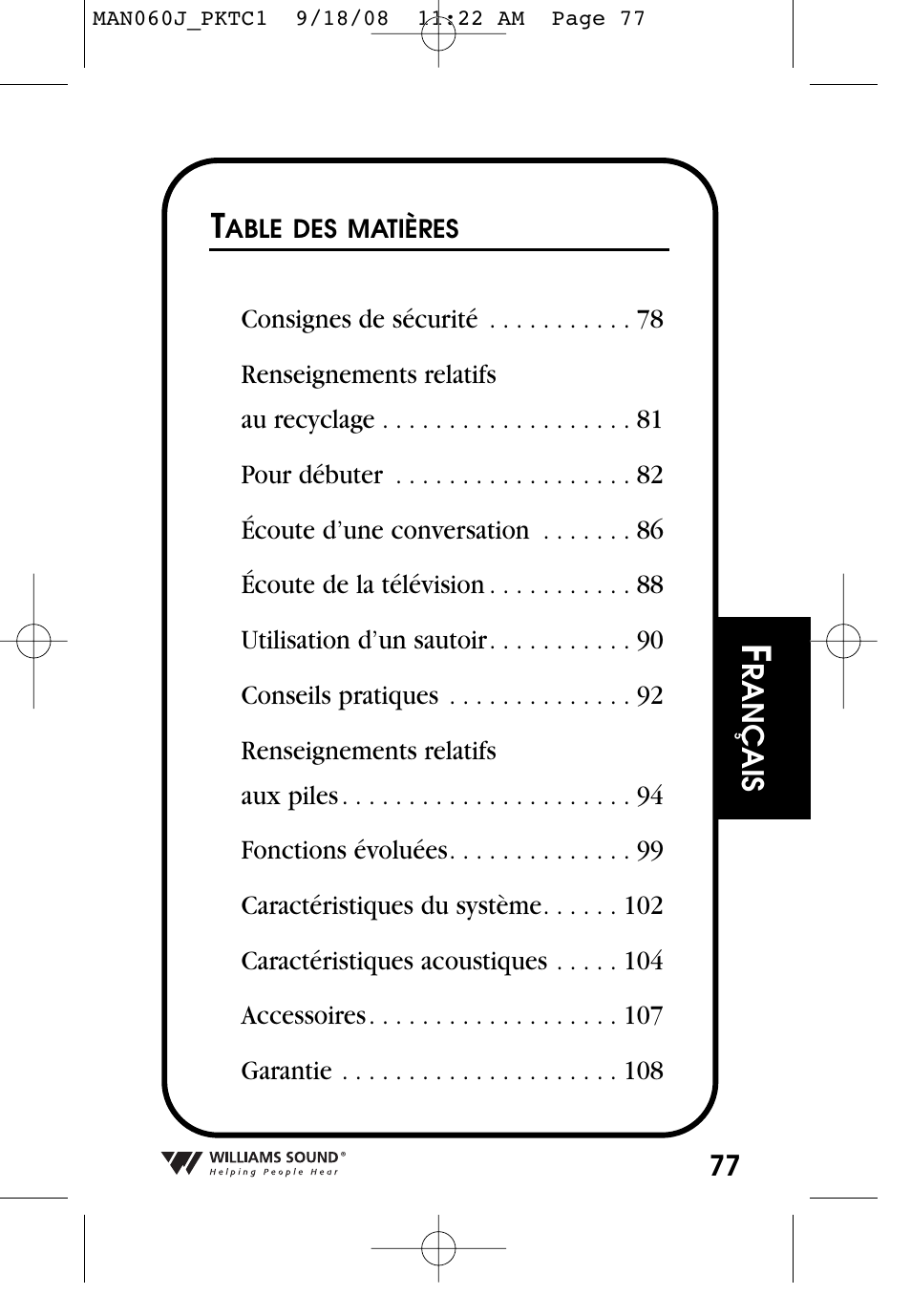 Williams Sound Personal Amplifier User Manual | Page 77 / 116