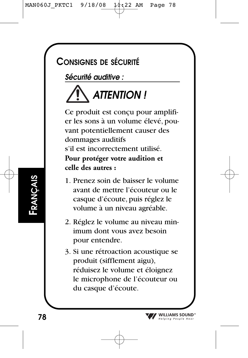 Attention | Williams Sound Personal Amplifier User Manual | Page 78 / 116