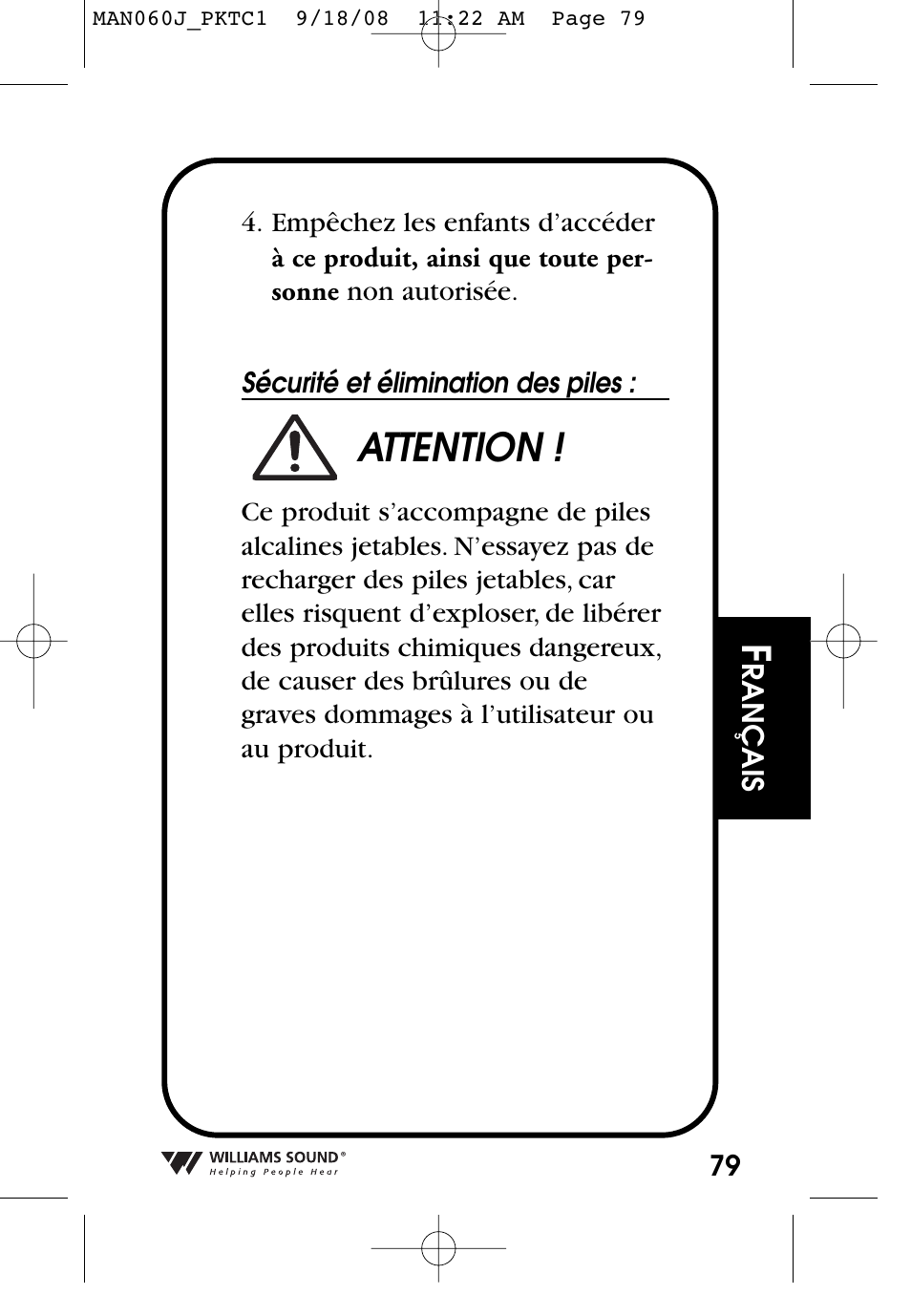 Attention | Williams Sound Personal Amplifier User Manual | Page 79 / 116