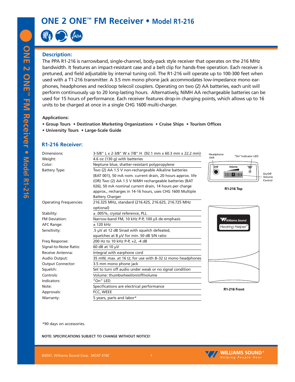 Williams Sound One 2 One R1-216 User Manual | 3 pages