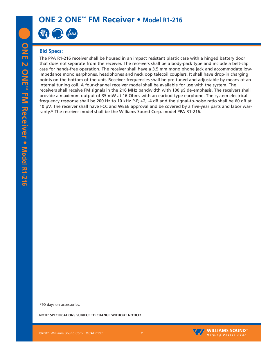 One 2 one, Fm receiver, Model r1-216 | Williams Sound One 2 One R1-216 User Manual | Page 2 / 3