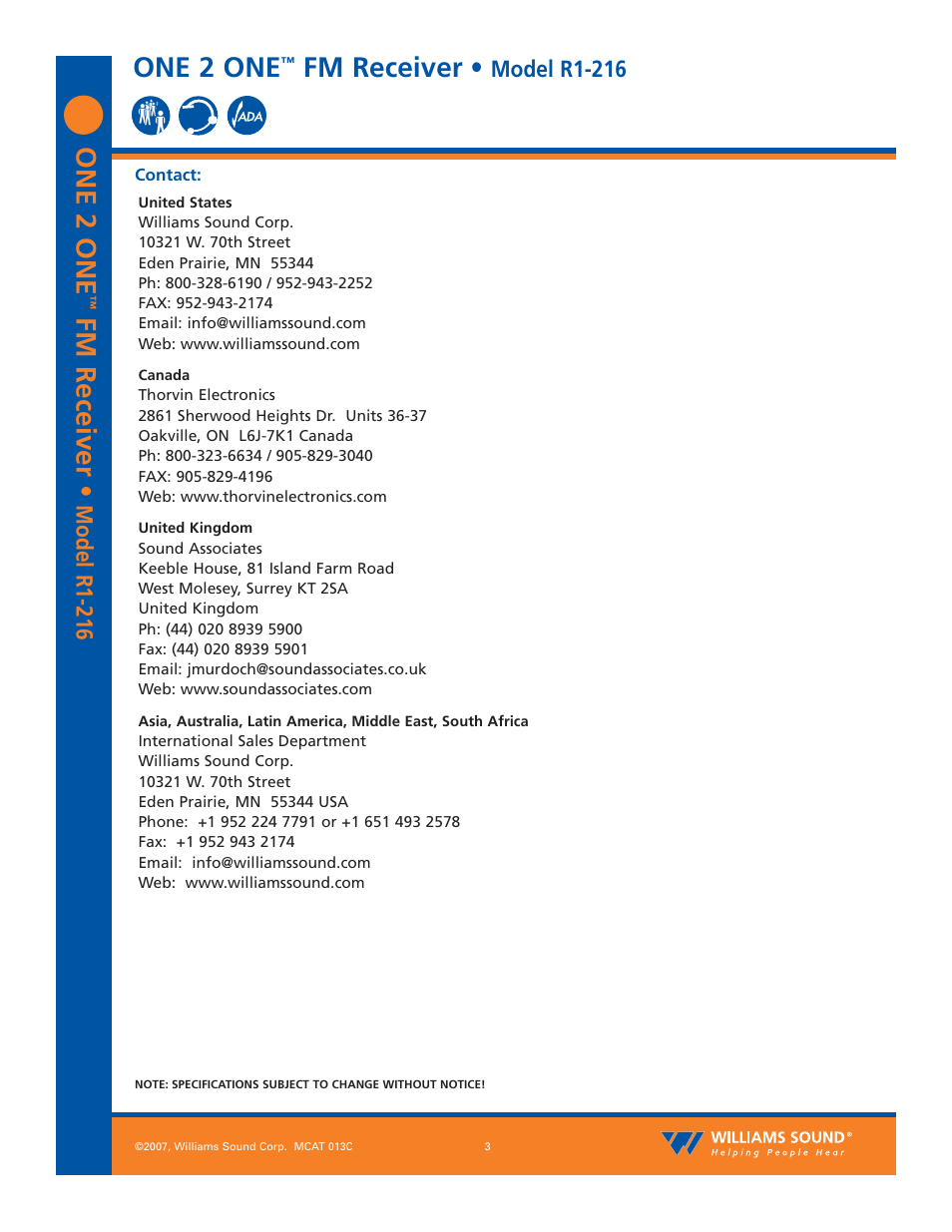 One 2 one, Fm receiver, Model r1-216 | Williams Sound One 2 One R1-216 User Manual | Page 3 / 3