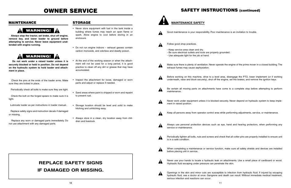 Owner service, Safety instructions, Replace safety signs if damaged or missing | Continued), Warning, Maintenance —————————————————— storage | Worksaver JDBS-412 User Manual | Page 12 / 29