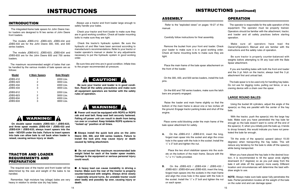 Instructions, Caution, Warning | Introduction, Tractor and loader requirements and preparation, Continued) assembly, Operation | Worksaver JDBS-412 User Manual | Page 15 / 29