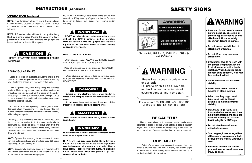 Warning, Safety signs, Remember | Be careful, Instructions | Worksaver JDBS-412 User Manual | Page 17 / 29