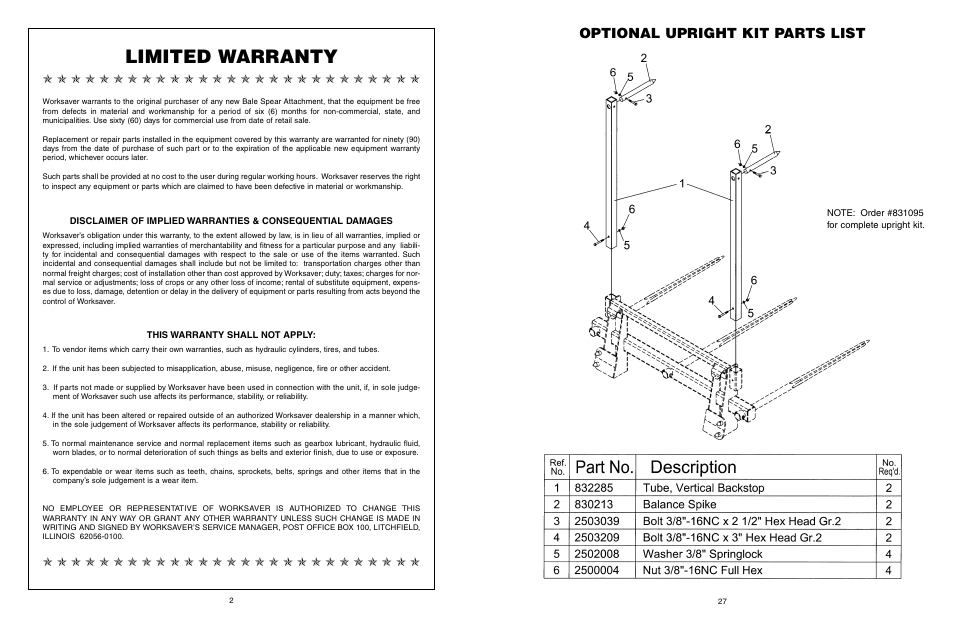 Limited warranty, Optional upright kit parts list | Worksaver JDBS-412 User Manual | Page 28 / 29