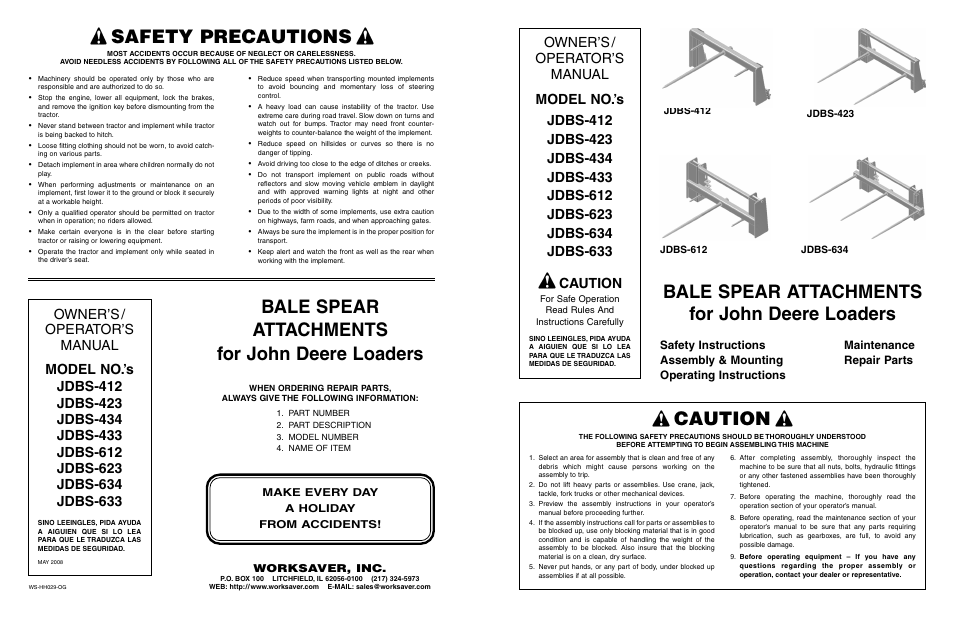 Safety precautions, Bale spear attachments for john deere loaders, Caution | Worksaver JDBS-412 User Manual | Page 29 / 29