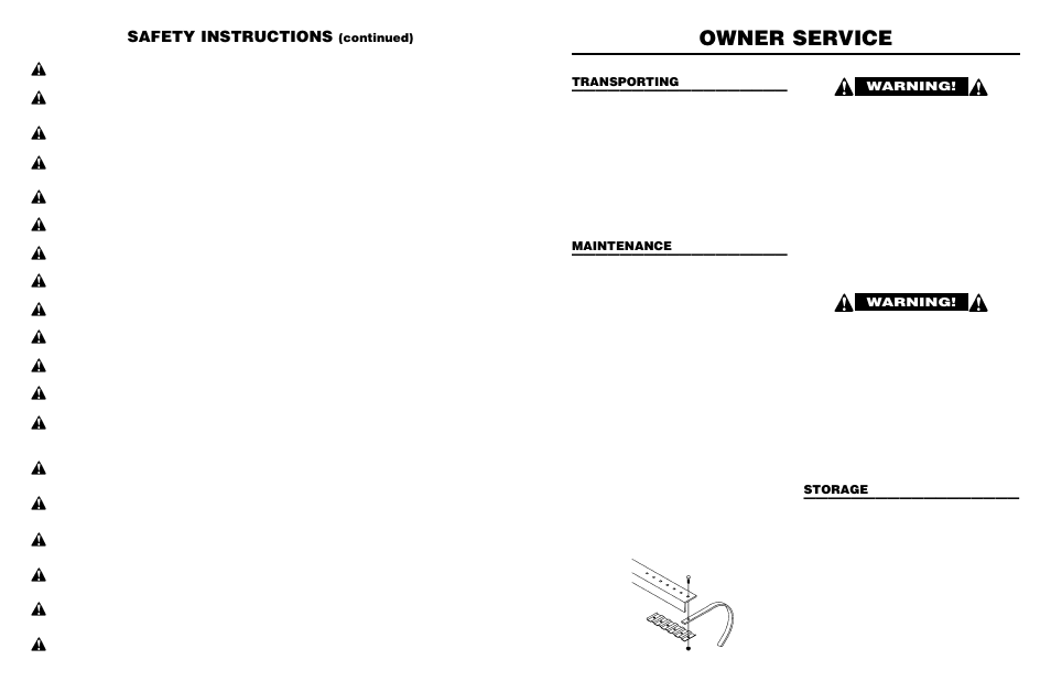 Owner service, Safety instructions, Continued) | Transporting, Maintenance, Storage, Warning | Worksaver LRHD-6 User Manual | Page 11 / 16