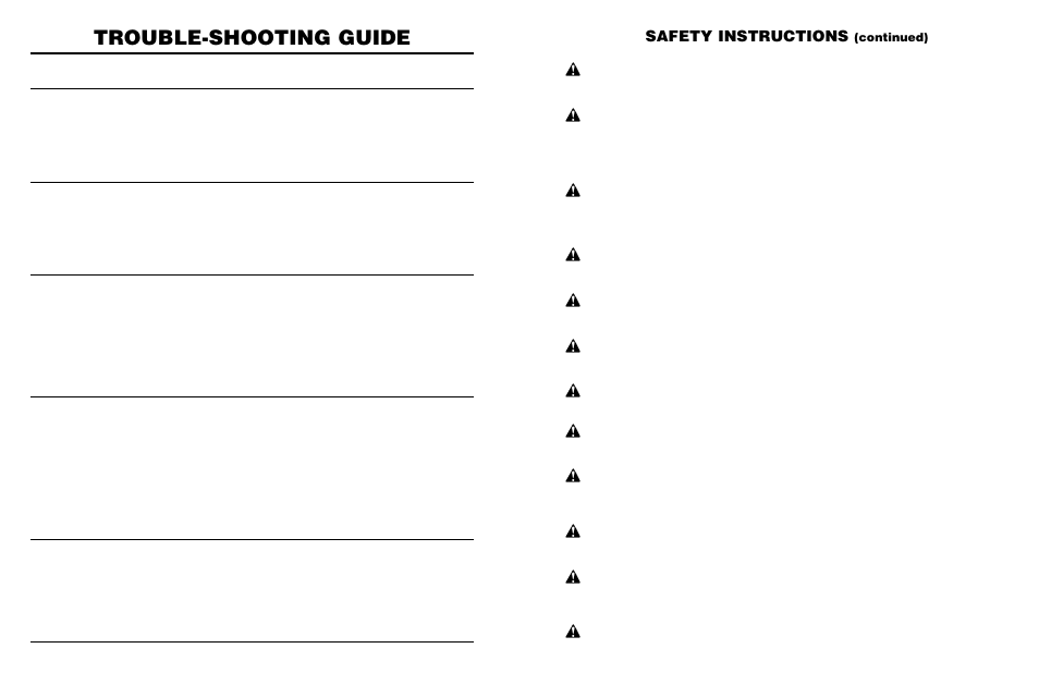 Trouble-shooting guide, Safety instructions, Continued) | Worksaver LRHD-6 User Manual | Page 12 / 16