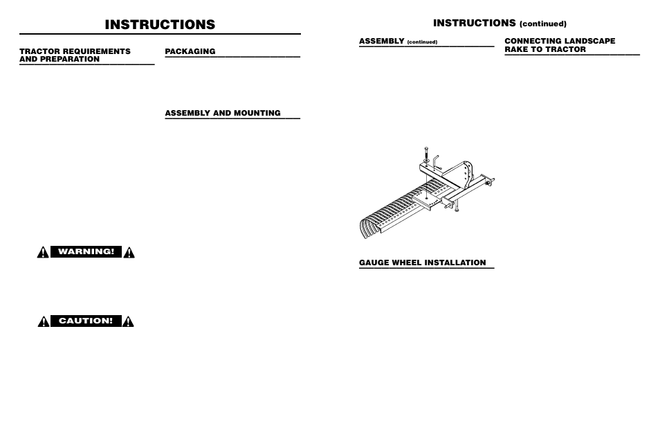 Instructions, Warning, Caution! tractor requirements and preparation | Connecting landscape rake to tractor, Packaging, Assembly and mounting, Assembly, Gauge wheel installation, Continued) | Worksaver LRHD-6 User Manual | Page 8 / 16