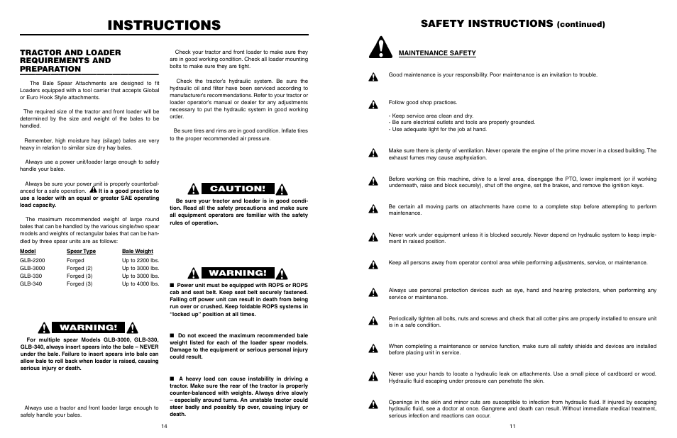 Instructions, Safety instructions, Continued) | Caution, Warning, Tractor and loader requirements and preparation | Worksaver GLB-330 User Manual | Page 12 / 25