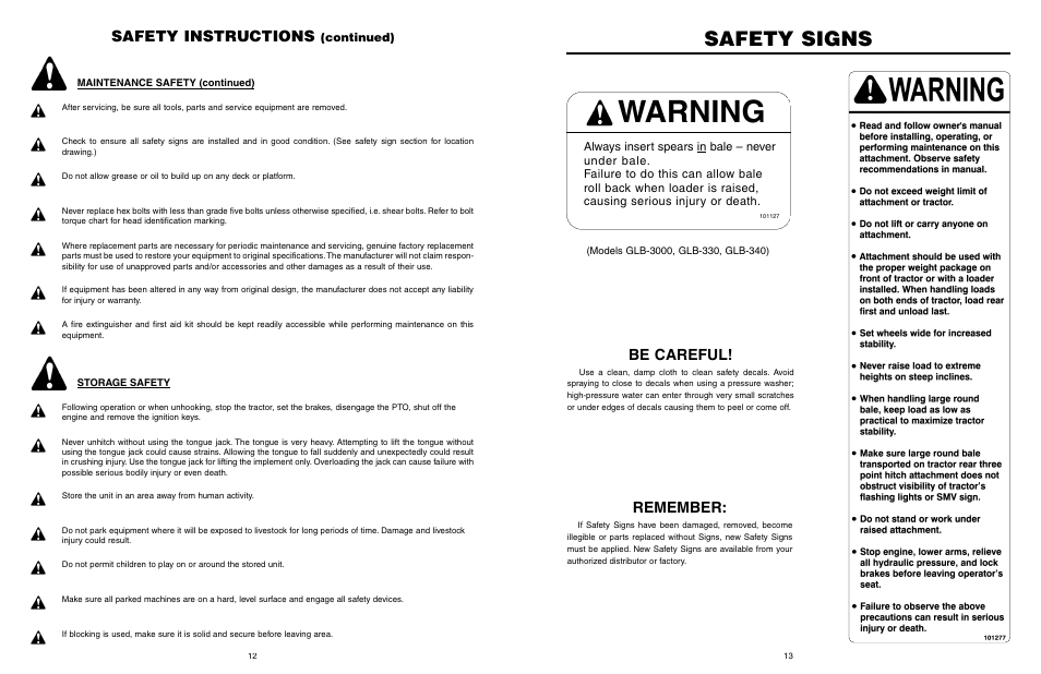 Warning, Safety signs, Safety instructions | Remember, Be careful | Worksaver GLB-330 User Manual | Page 14 / 25