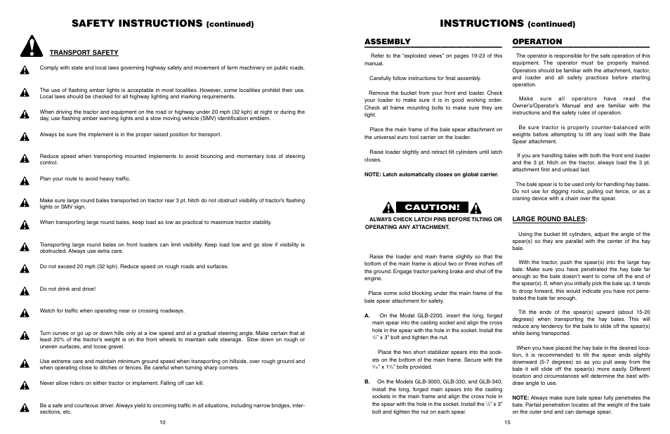 Safety instructions, Instructions, Continued) | Continued) assembly, Operation, Caution | Worksaver GLB-330 User Manual | Page 16 / 25