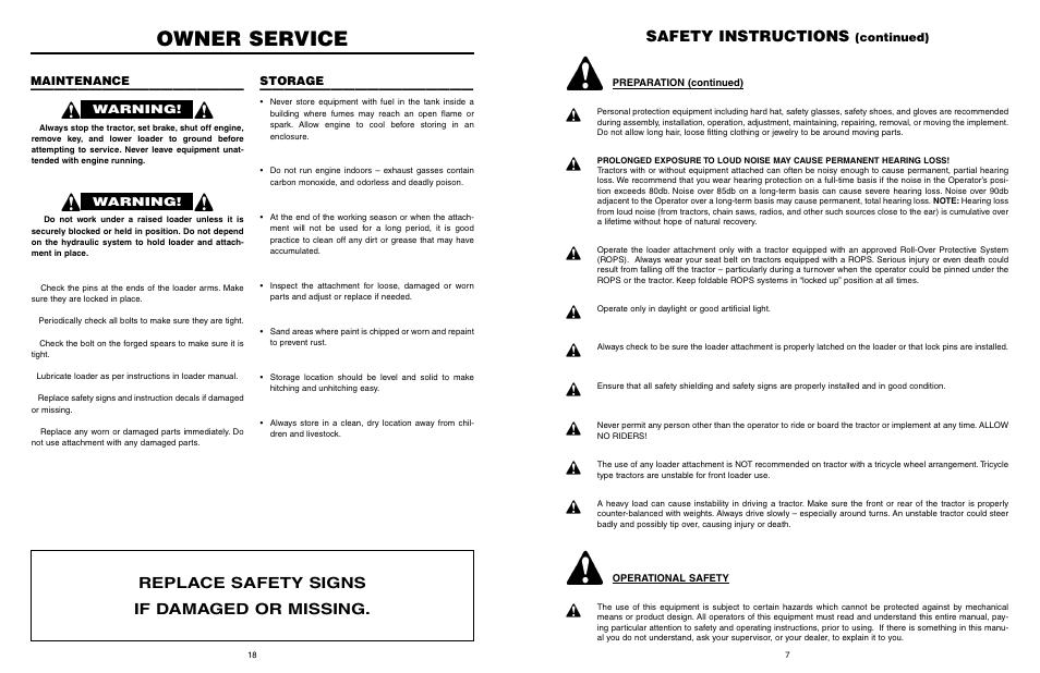 Owner service, Safety instructions, Replace safety signs if damaged or missing | Continued), Warning, Maintenance —————————————————— storage | Worksaver GLB-330 User Manual | Page 19 / 25