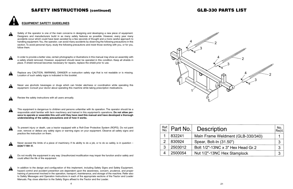 Safety instructions, Glb-330 parts list, Continued) | Worksaver GLB-330 User Manual | Page 22 / 25