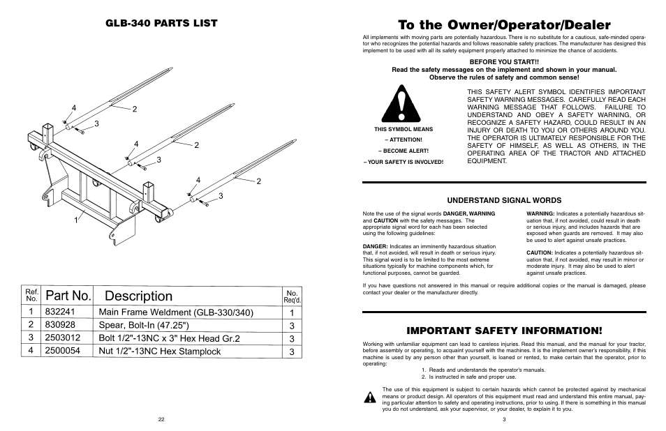 Important safety information, Glb-340 parts list | Worksaver GLB-330 User Manual | Page 23 / 25