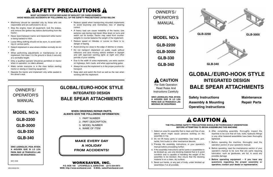 Safety precautions, Global / euro-hook style, Bale spear attachments caution | Integrated design, Bale spear attachments | Worksaver GLB-330 User Manual | Page 25 / 25