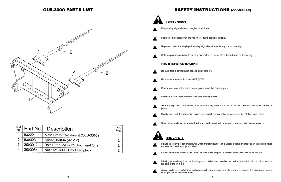 Safety instructions, Glb-3000 parts list, Continued) | Worksaver GLB-330 User Manual | Page 6 / 25