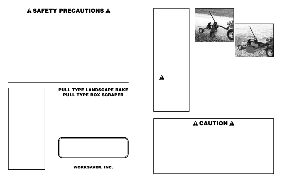 Caution, Safety precautions, Landscape rake box scraper | Atv or garden tractor | Worksaver PLR-48 User Manual | Page 15 / 15