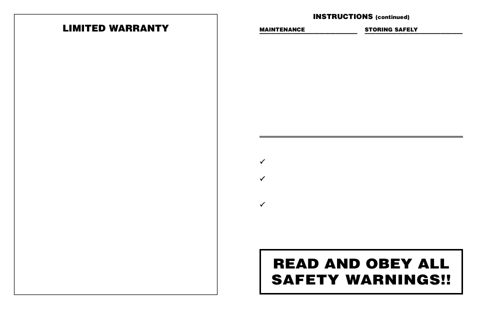 Read and obey all safety warnings, Limited warranty, Instructions | Worksaver PLR-48 User Manual | Page 3 / 15