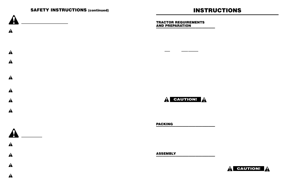 Instructions, Safety instructions, Continued) | Caution, Tractor requirements and preparation, Packing, Assembly | Worksaver PLR-48 User Manual | Page 5 / 15