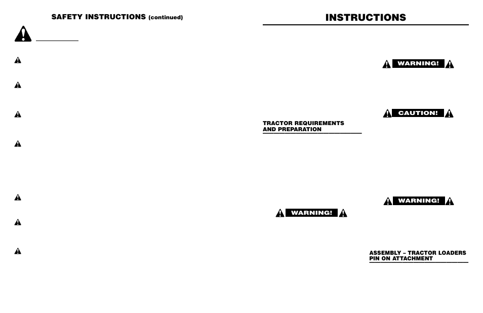 Instructions, Safety instructions, Continued) | Caution, Warning, Tractor requirements and preparation, Assembly – tractor loaders pin on attachment | Worksaver PALLET FORK PF-448 User Manual | Page 15 / 20