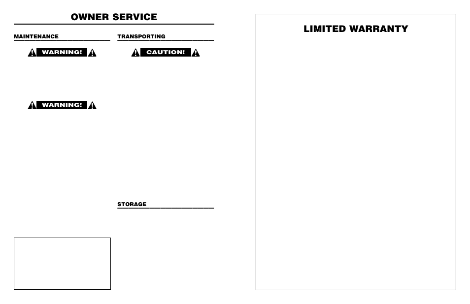 Limited warranty, Owner service, Replace safety signs if damaged or missing | Warning, Caution | Worksaver PALLET FORK PF-448 User Manual | Page 18 / 20