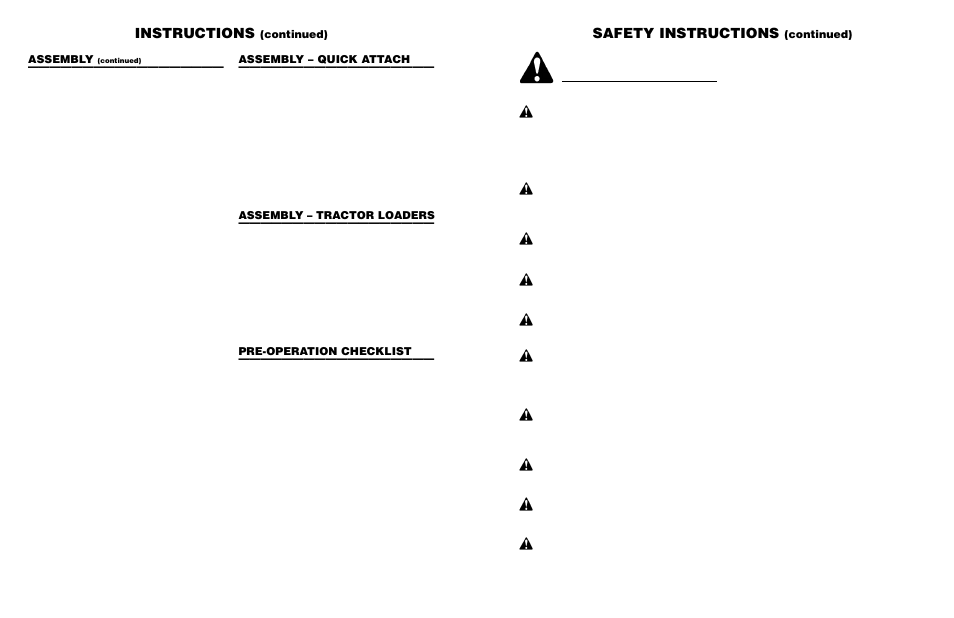 Safety instructions, Instructions, Continued) | Assembly, Pre-operation checklist, Assembly – quick attach, Assembly – tractor loaders, Equipment safety guidelines | Worksaver PALLET FORK PF-448 User Manual | Page 5 / 20