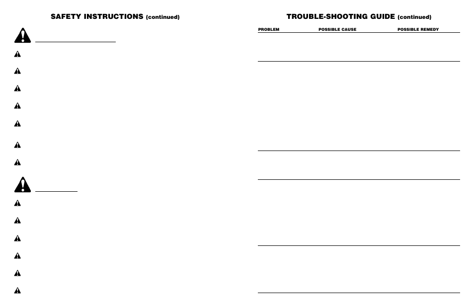 Safety instructions, Trouble-shooting guide, Continued) | Worksaver FM 560 User Manual | Page 27 / 40