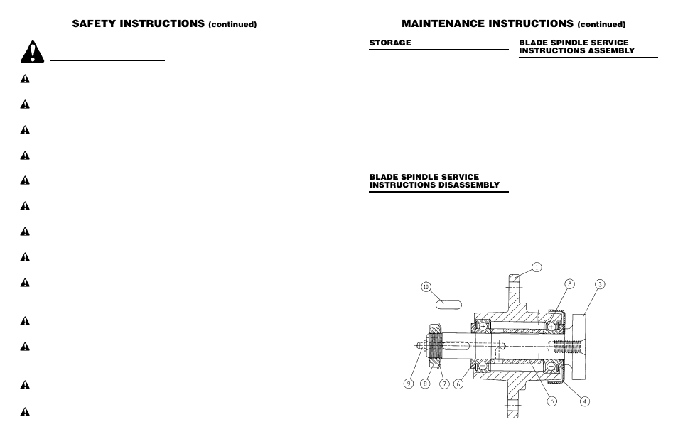 Safety instructions, Maintenance instructions, Continued) | Storage, Blade spindle service instructions disassembly | Worksaver FM 560 User Manual | Page 31 / 40