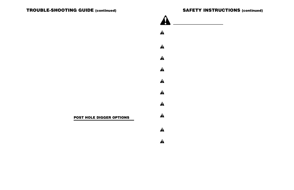 Safety instructions, Trouble-shooting guide, Continued) | Post hole digger options | Worksaver 300 User Manual | Page 10 / 30