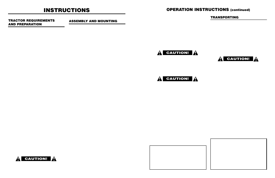 Obey safety rules!! always be careful, Instructions, Operation instructions | Continued), Caution, Transporting, Tractor requirements and preparation, Assembly and mounting | Worksaver 300 User Manual | Page 13 / 30