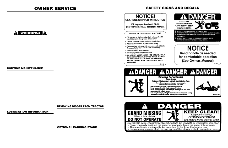 Notice, Owner service, Safety signs and decals | Warning, Routine maintenance, Lubrication information, Removing digger from tractor, Optional parking stand | Worksaver 300 User Manual | Page 19 / 30
