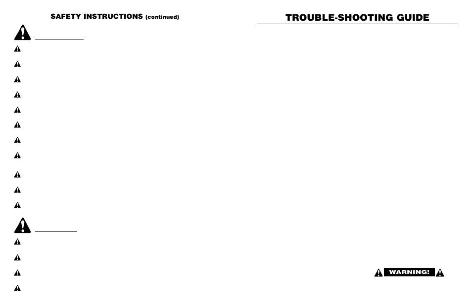 Trouble-shooting guide, Safety instructions, Continued) | Warning | Worksaver 300 User Manual | Page 20 / 30