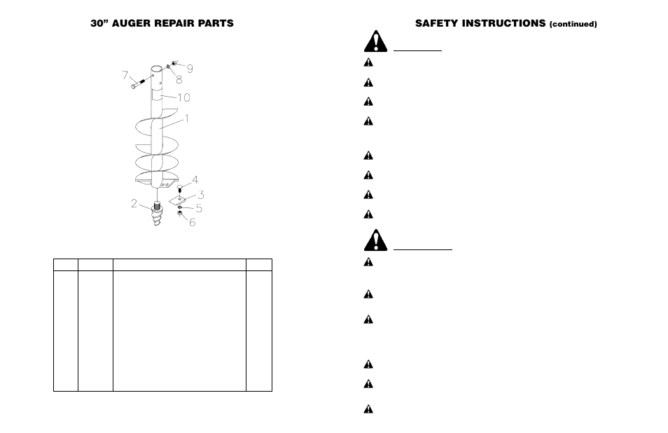 Safety instructions, 30” auger repair parts, Continued) | How to install safety signs: safety signs, Safety training | Worksaver 300 User Manual | Page 25 / 30