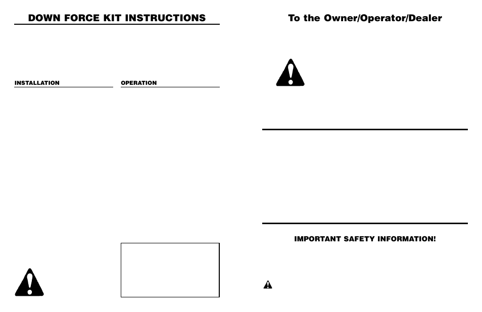Down force kit instructions, Important safety information | Worksaver 300 User Manual | Page 27 / 30