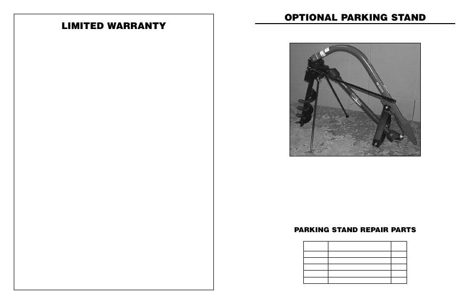 Limited warranty, Optional parking stand, Parking stand repair parts | No. description qty | Worksaver 300 User Manual | Page 28 / 30