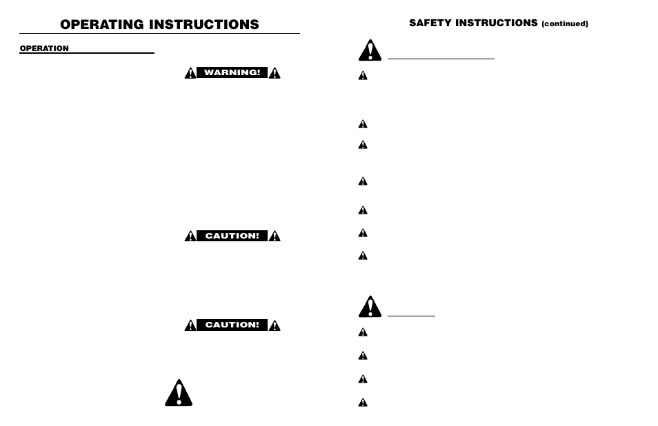 Operating instructions, Safety instructions, Continued) | Operation, Warning, Caution, Safety . . . you can live with it | Worksaver Flip Over FOH-5 User Manual | Page 12 / 16