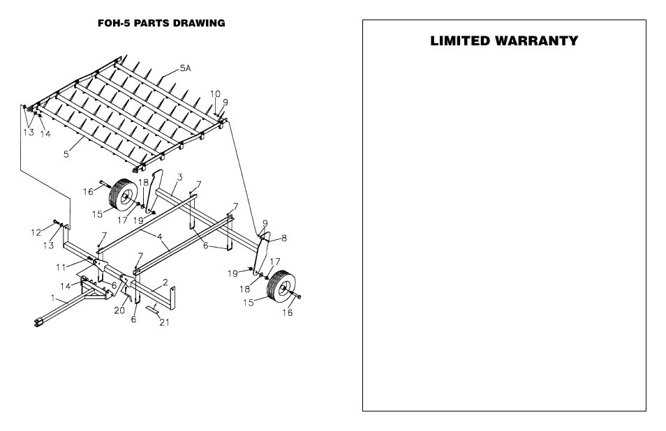 Limited warranty, Foh-5 parts drawing | Worksaver Flip Over FOH-5 User Manual | Page 14 / 16