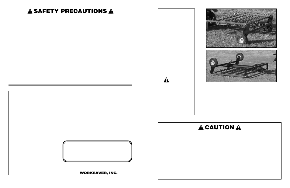 Flip-over spike-tooth harrow, Safety precautions, Caution | Owner’s / operator’s manual model no, Foh-5 | Worksaver Flip Over FOH-5 User Manual | Page 16 / 16