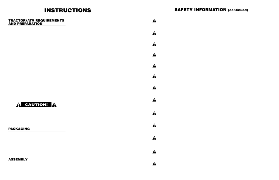 Instructions, Safety information, Continued) | Tractor / atv requirements and preparation, Assembly, Packaging, Caution | Worksaver Flip Over FOH-5 User Manual | Page 7 / 16