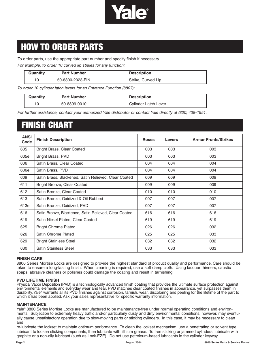 How to order parts, Finish chart | Yale MORTISE 8800 SERIES User Manual | Page 2 / 54