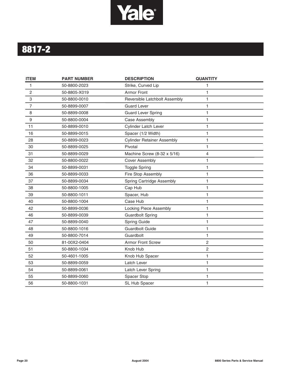 Yale MORTISE 8800 SERIES User Manual | Page 20 / 54