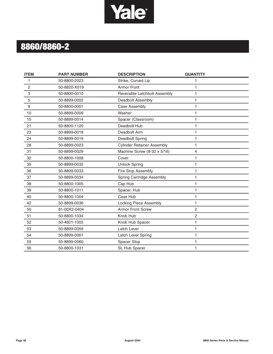Yale MORTISE 8800 SERIES User Manual | Page 38 / 54