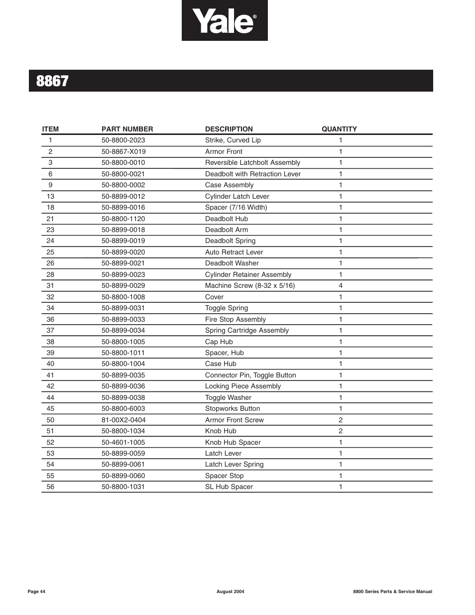 Yale MORTISE 8800 SERIES User Manual | Page 44 / 54