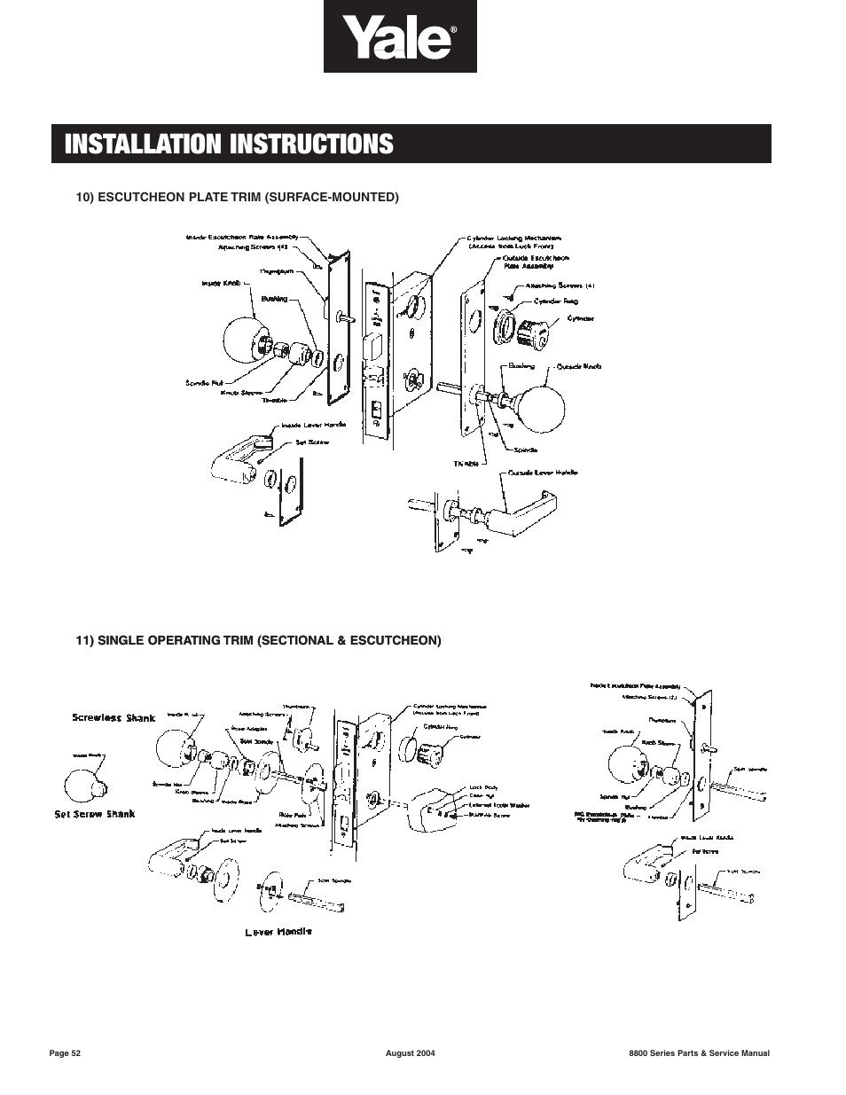 Installation instructions | Yale MORTISE 8800 SERIES User Manual | Page 52 / 54